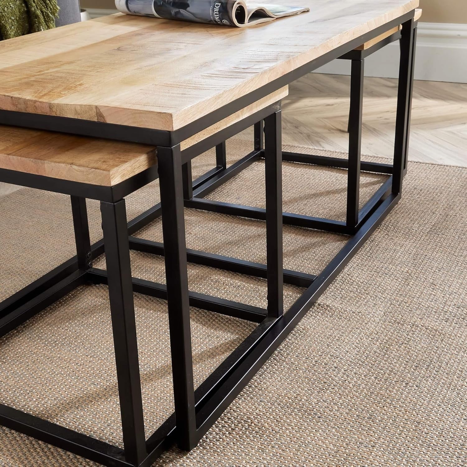 3pc Nesting Coffee Tables Set Mango Wood Metal Frame Modern Industrial Flair