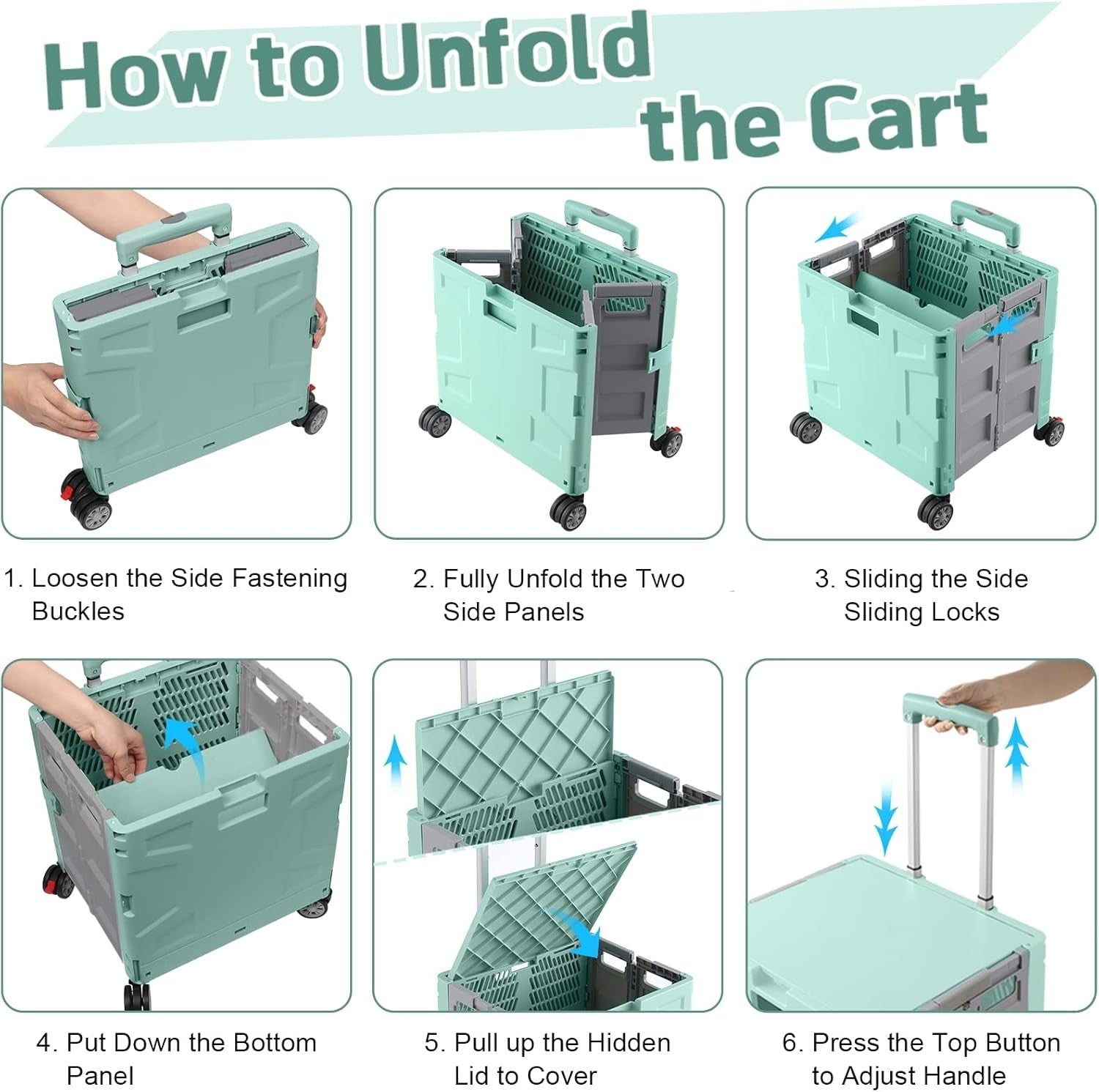 Foldable Grocery Trolley Cart 50Kg Portable Storage Box w/ Lid Green