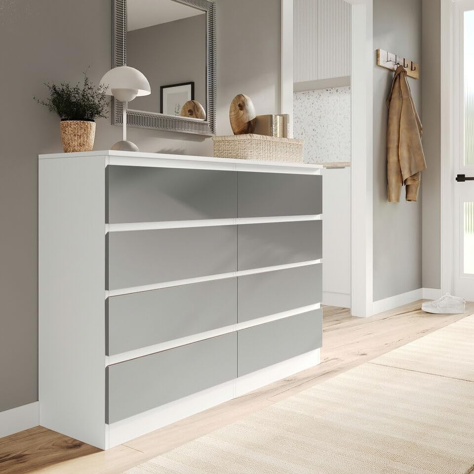 Modern White & Grey 8-Drawer Chest Bedroom Storage Cabinet Office Organizer
