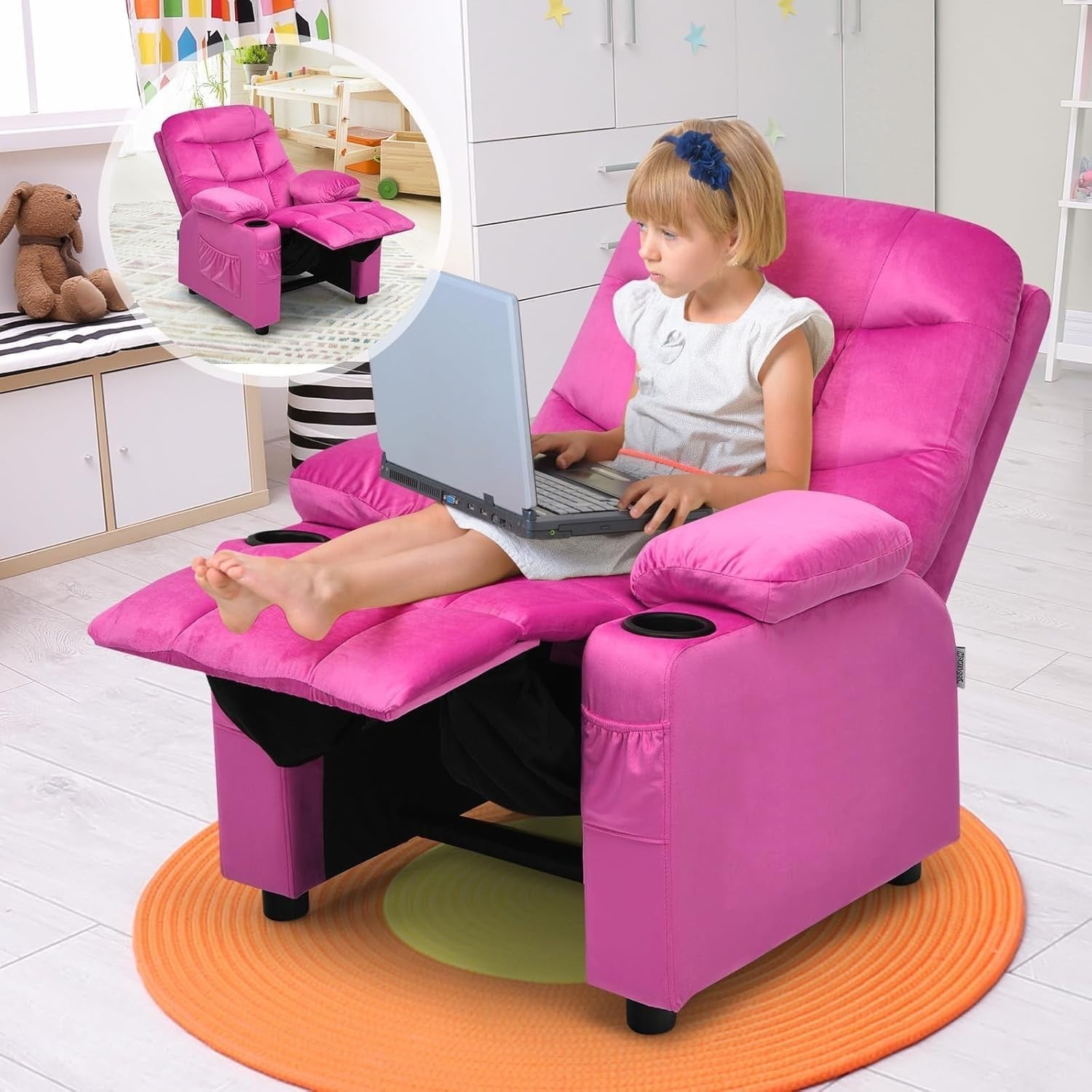 Pink  Adjustable Kids Recliner Chair with Footrest, Cup Holders & Side Pockets