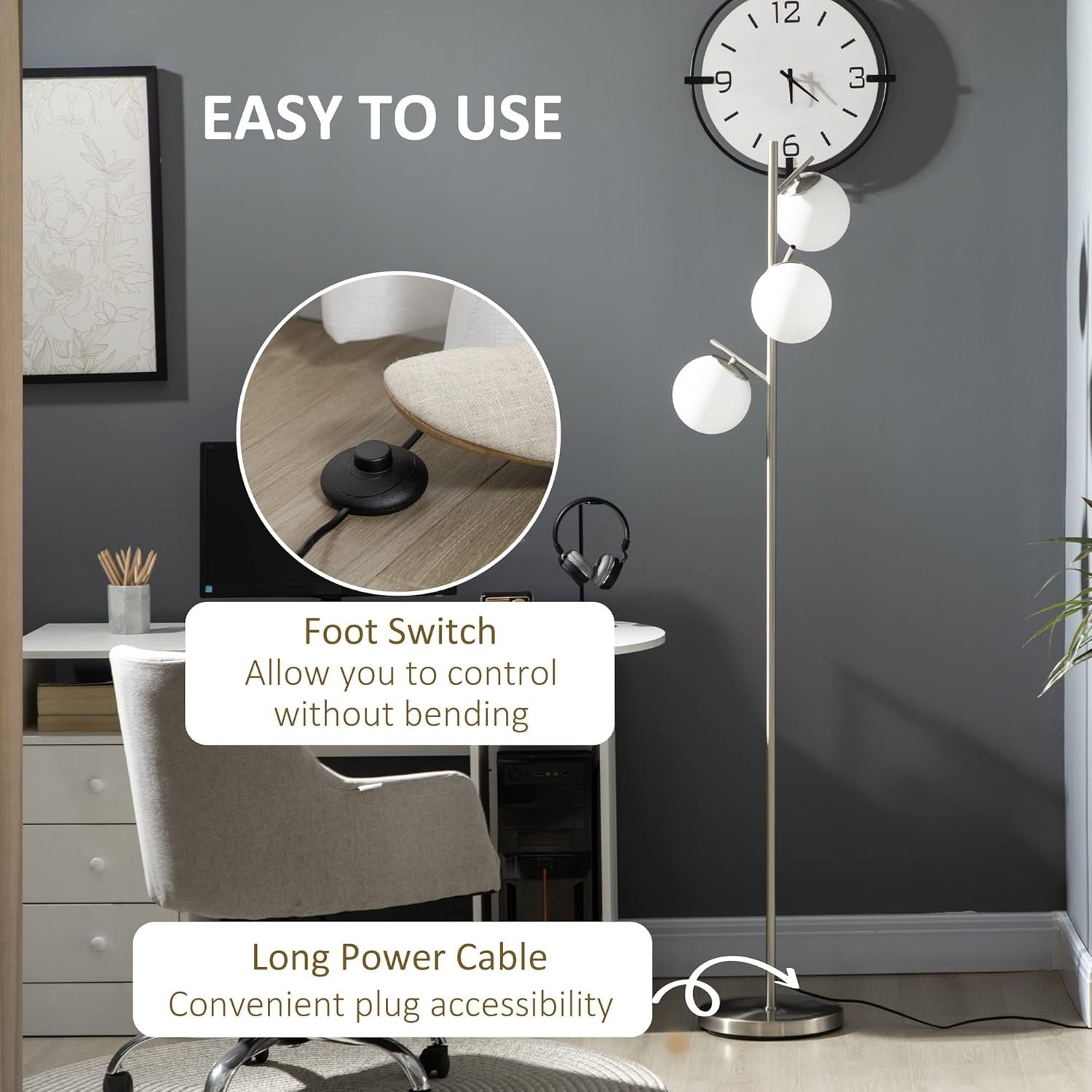 Modern 3-Light Tree Floor Lamp with Globe Shades & Sturdy Steel Base