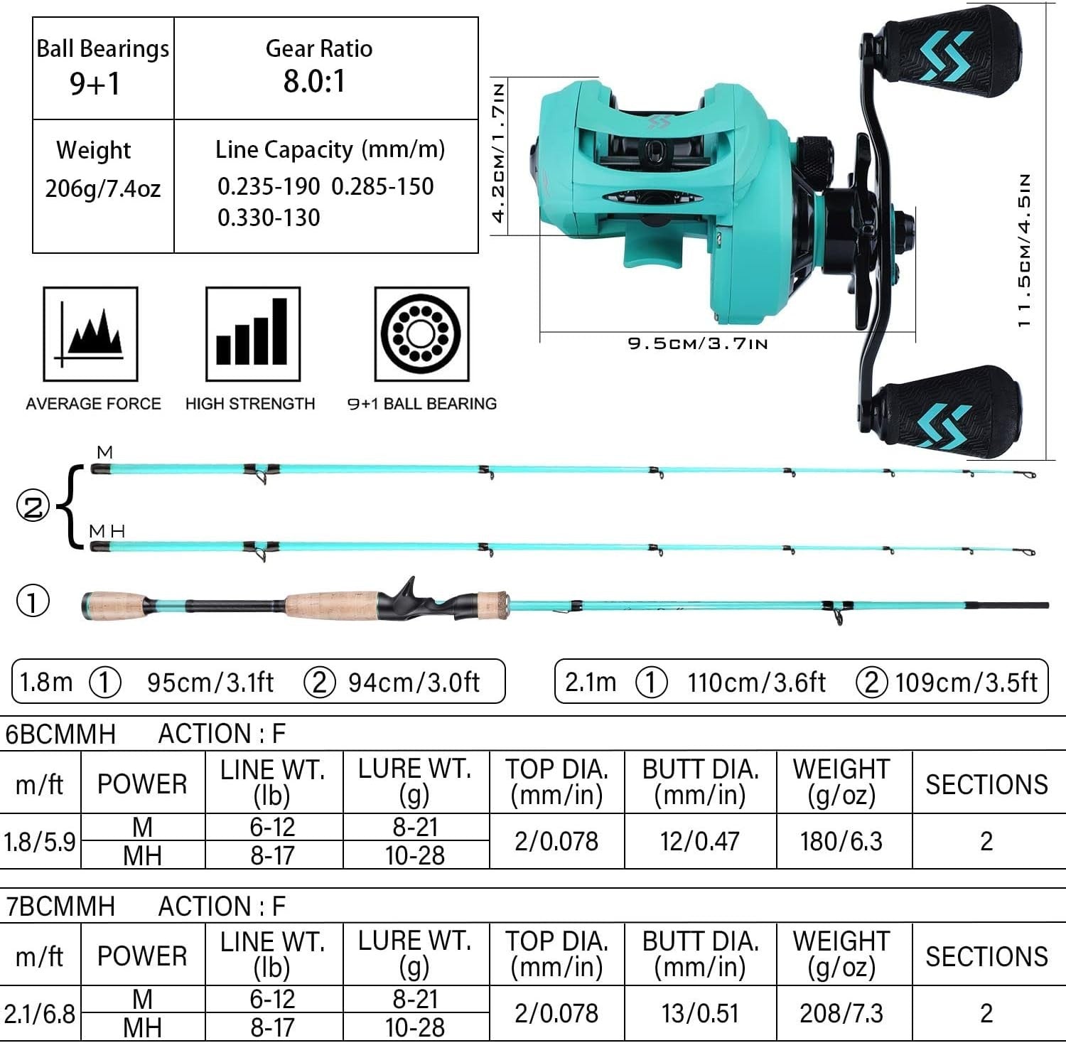 8.0:1 Baitcaster Rod Reel Combo 2.1m Carbon Fibre Travel Set