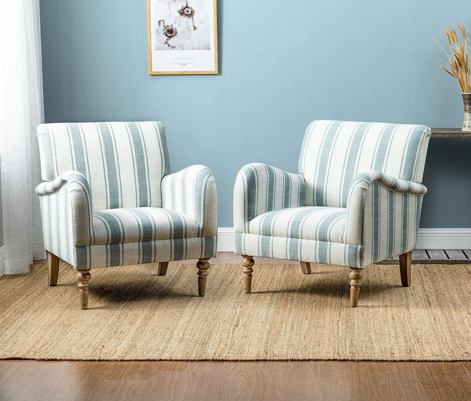 2 Striped Upholstered Armchair with Wooden Legs for Lounge or Bedroom Blue