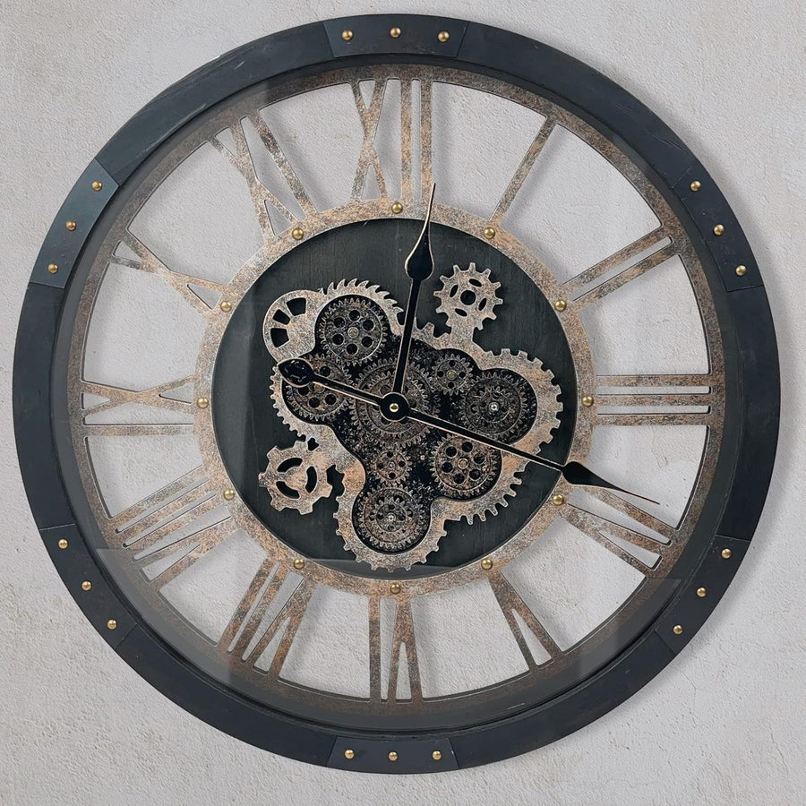 24" Black Steampunk Wall Clock Moving Gears Industrial Vintage Decor