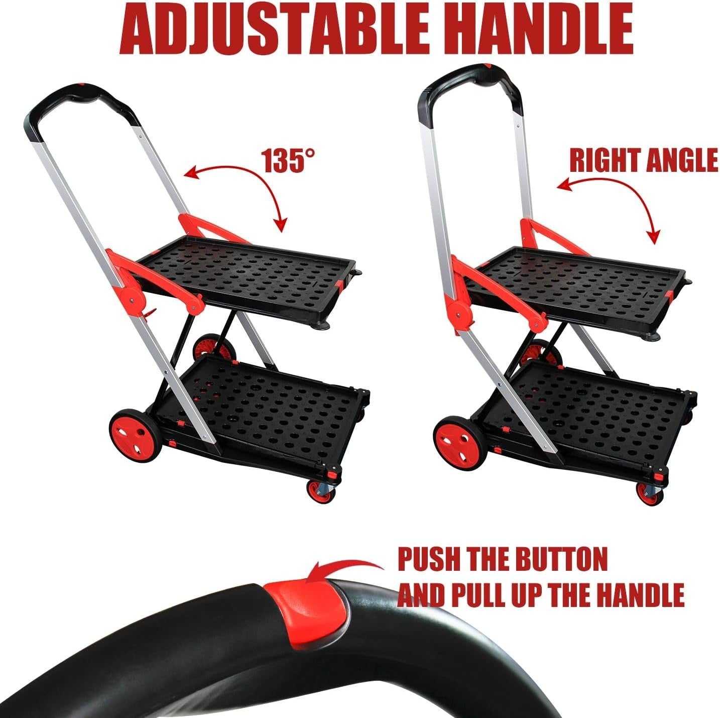 Folding Shopping Cart Two-Tier Utility Trolley 360° Swivel Wheels Red