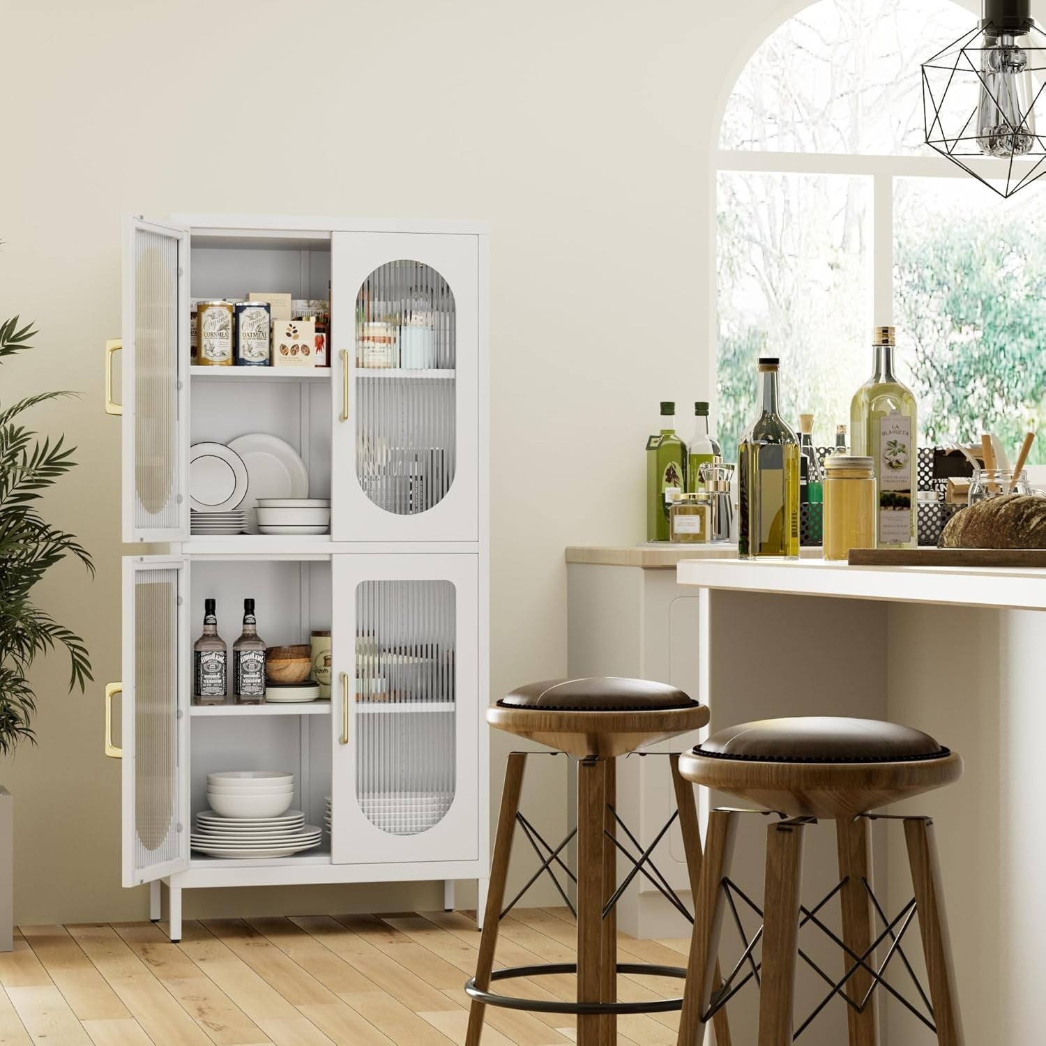 Heavy Duty White Metal Storage Cabinet with Glass Doors & Adjustable Shelves