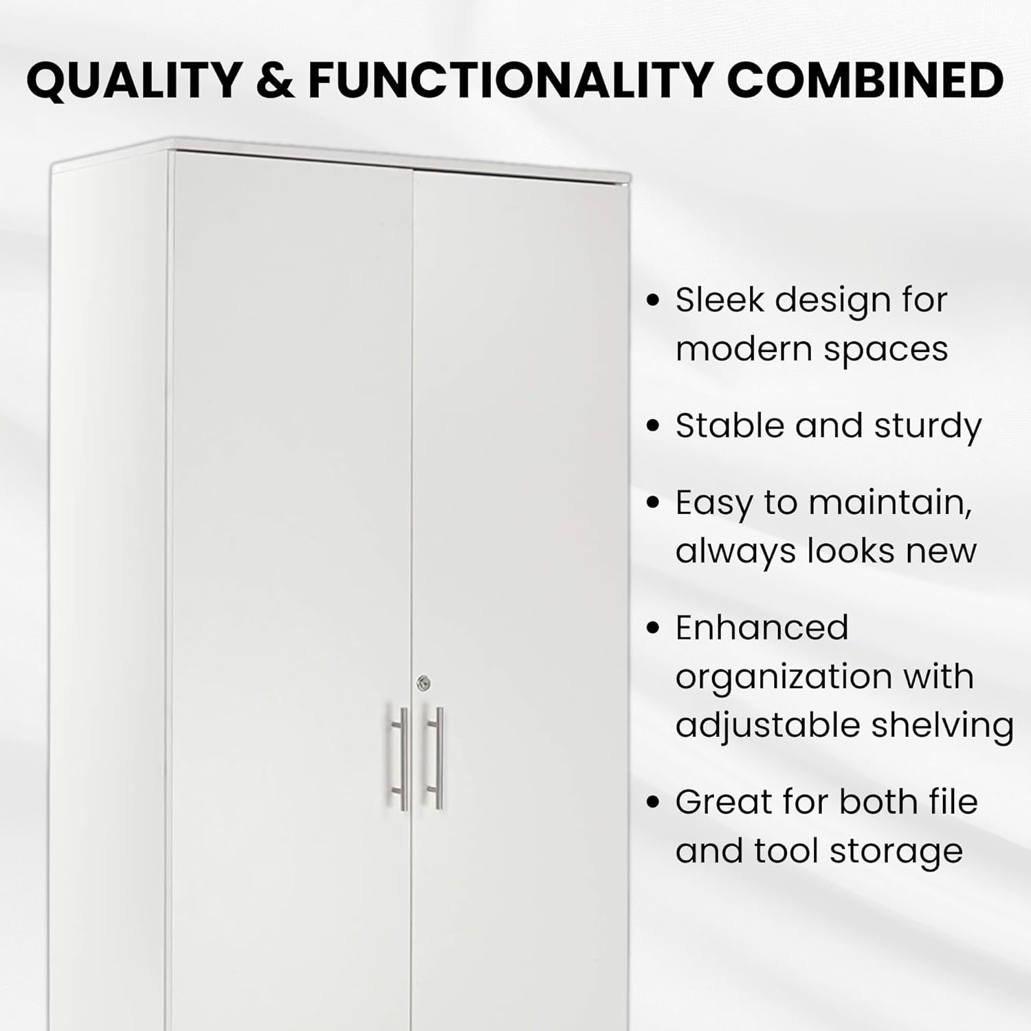 Tall White Storage Cupboard 2 Door Lockable Cabinet with 4 Shelves Office