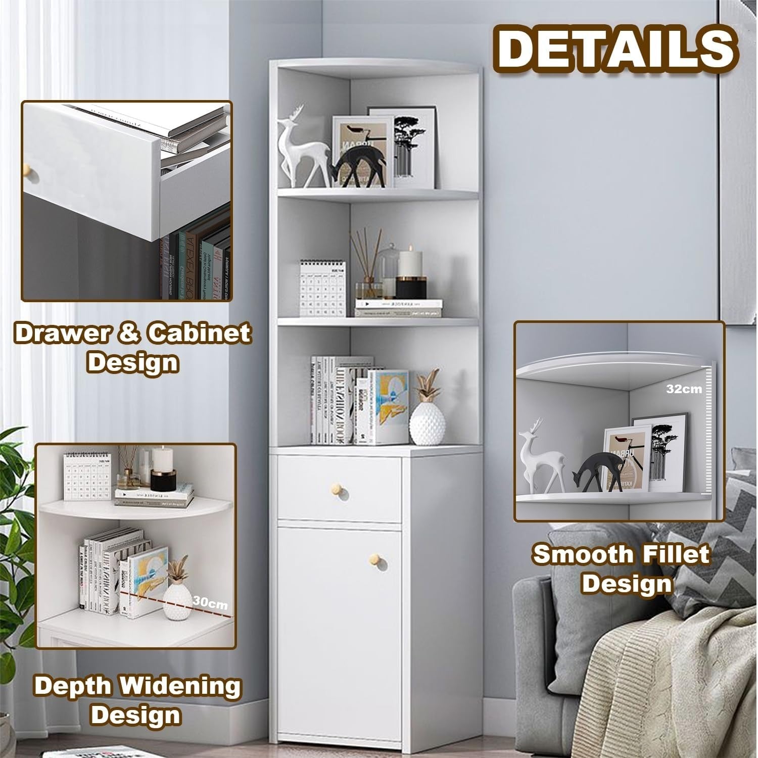 Corner Storage Cabinet White 3-Tier Shelves with Drawer & Door 150x30cm