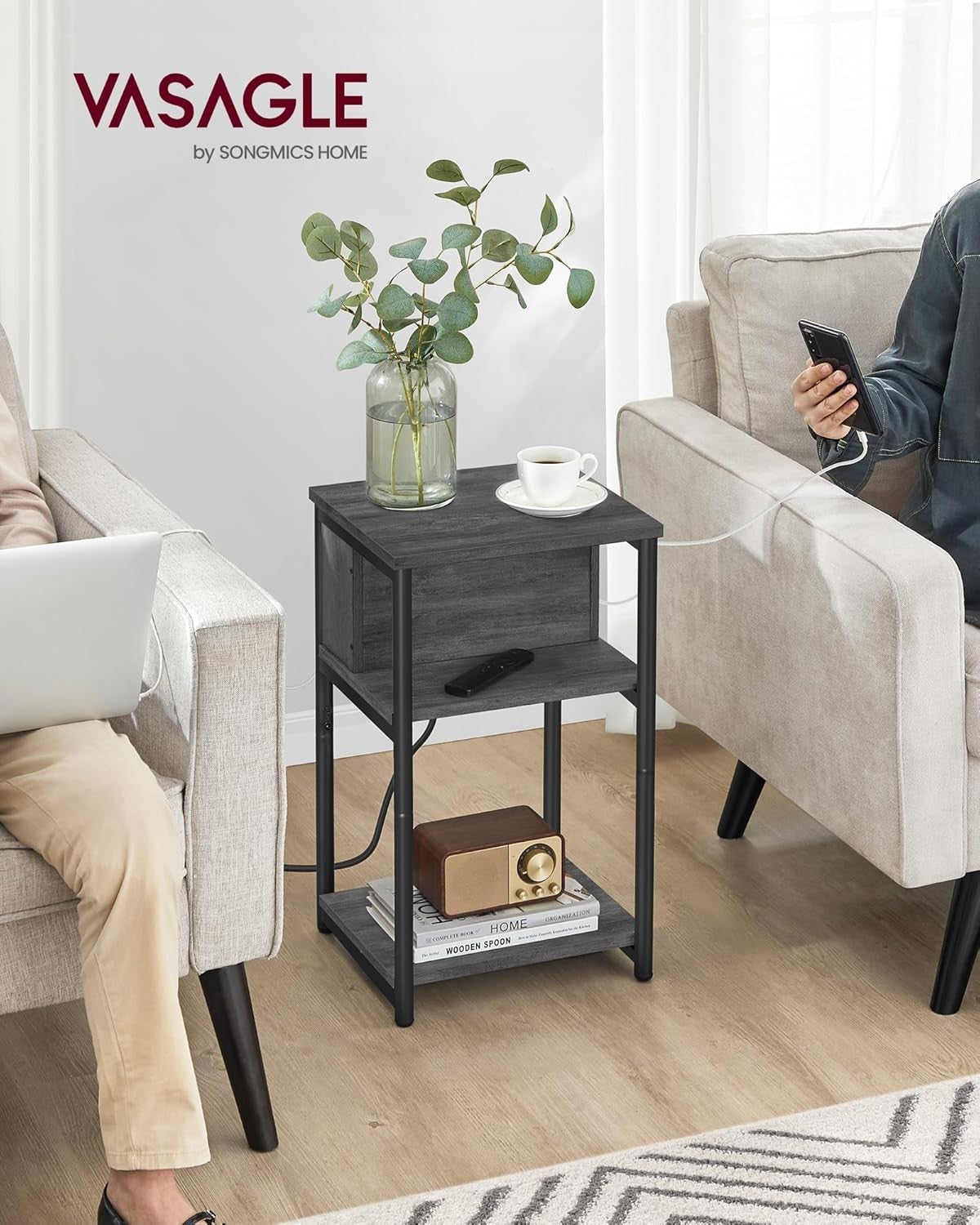 Slim Bedside Table with USB & Plug Sockets, 3-Tier 30x34x58cm Storage