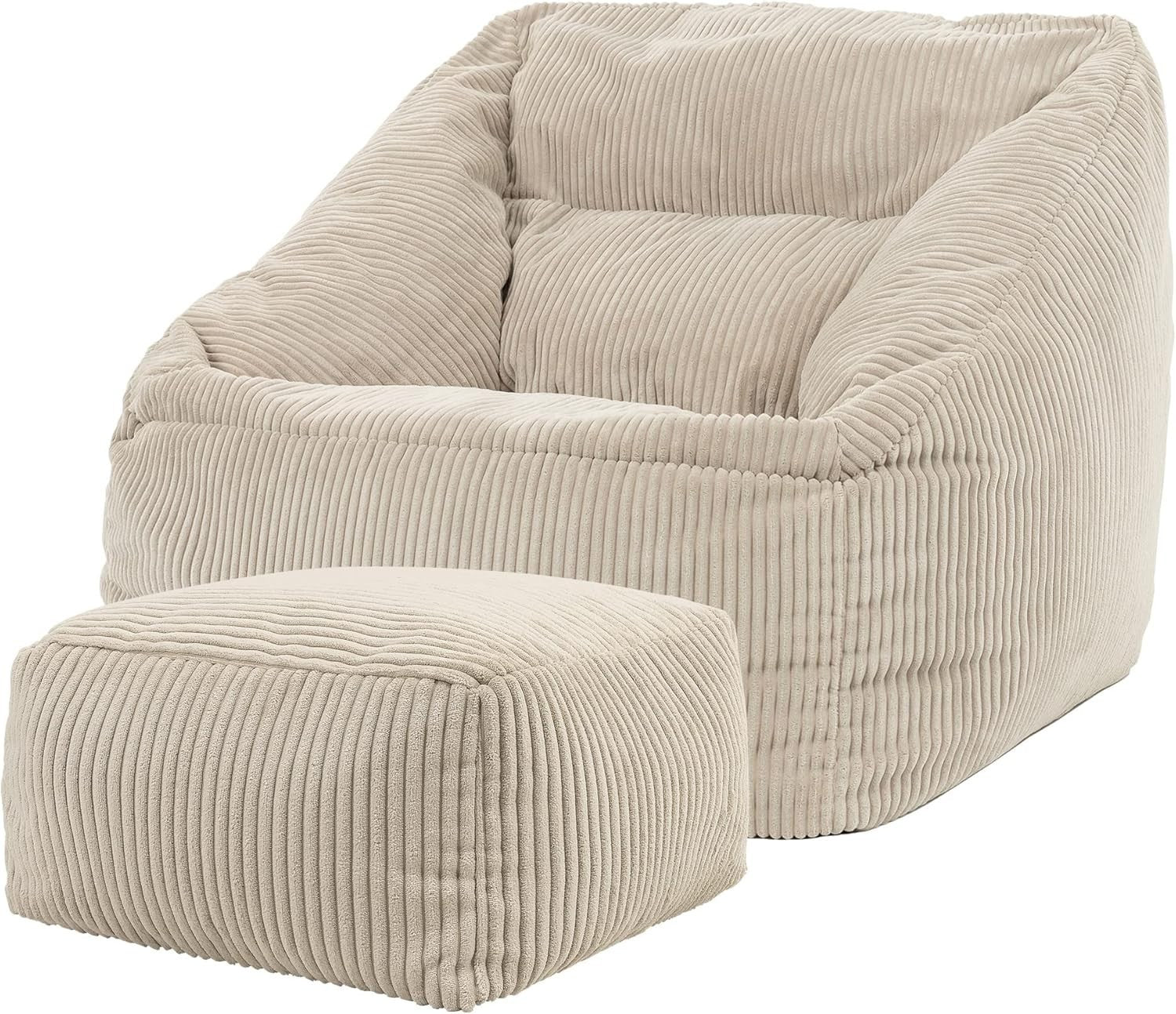 Beige Cord Bean Bag Chair with Footstool Lounge Armchair Seat Filled