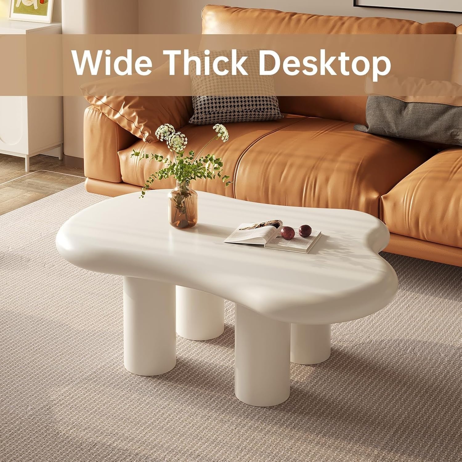 Modern Cloud-Shaped Coffee Table Thick Top Rounded Corners 63x91x39cm White