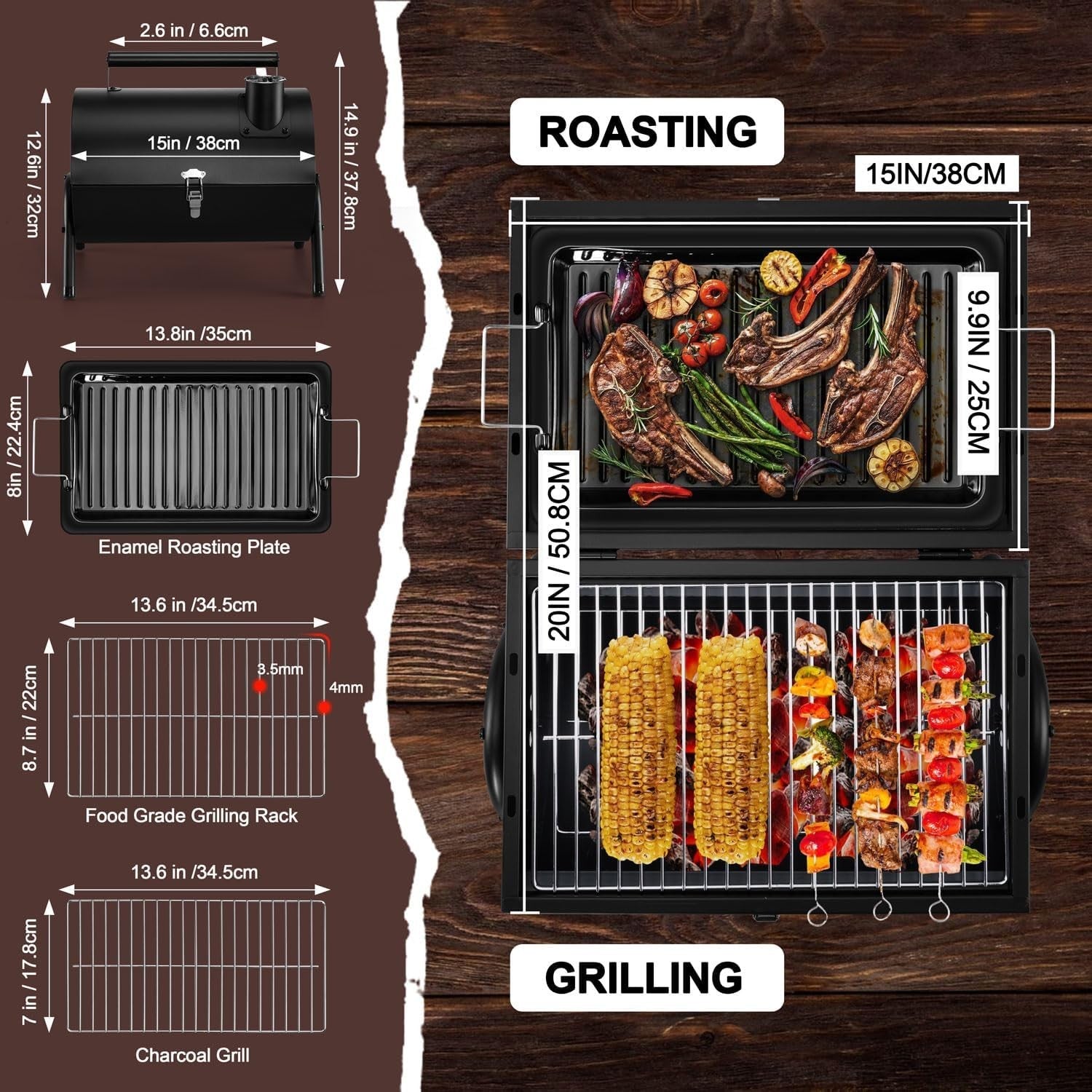 Portable Folding Charcoal BBQ Grill with Roasting Plate & Dual Grill Racks