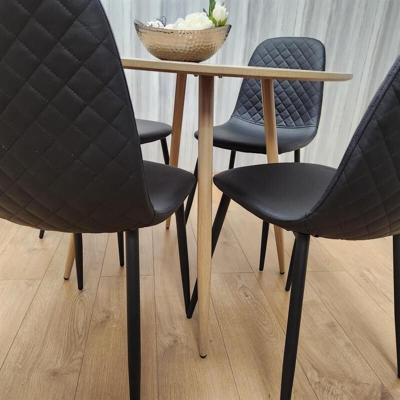 Round Oak Dining Table Set with 4 Quilted Chairs Kitchen Room Modern