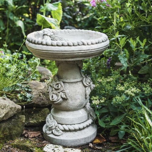 Stone Bird Bath Feeder Ropes & Roses Design Garden Ornament Sculpture Outdoor