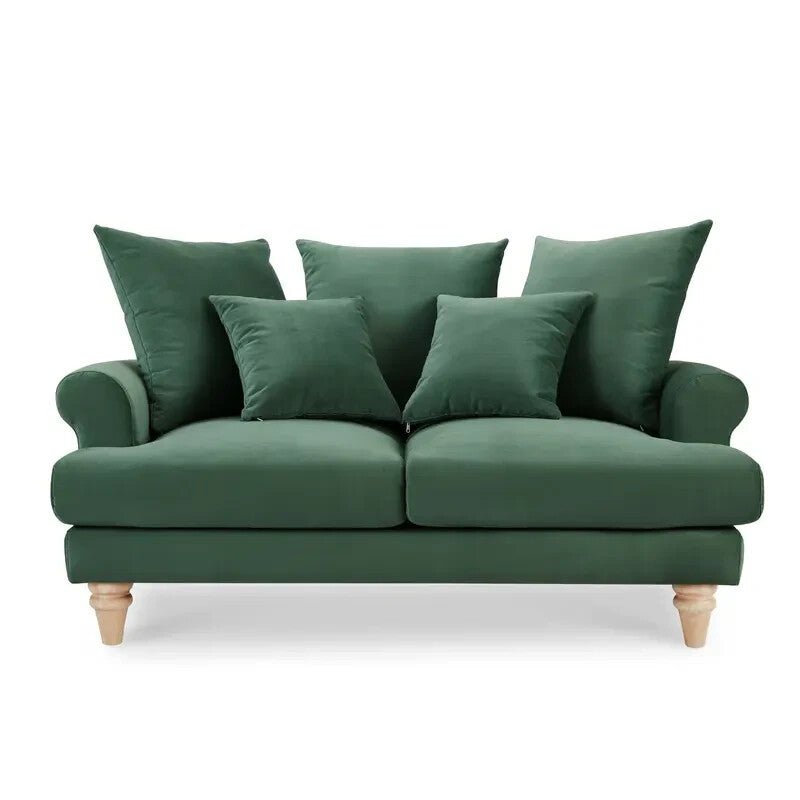 Green Velvet 2 Seater Sofa with Scatter Cushions Curved Arm Couch UK