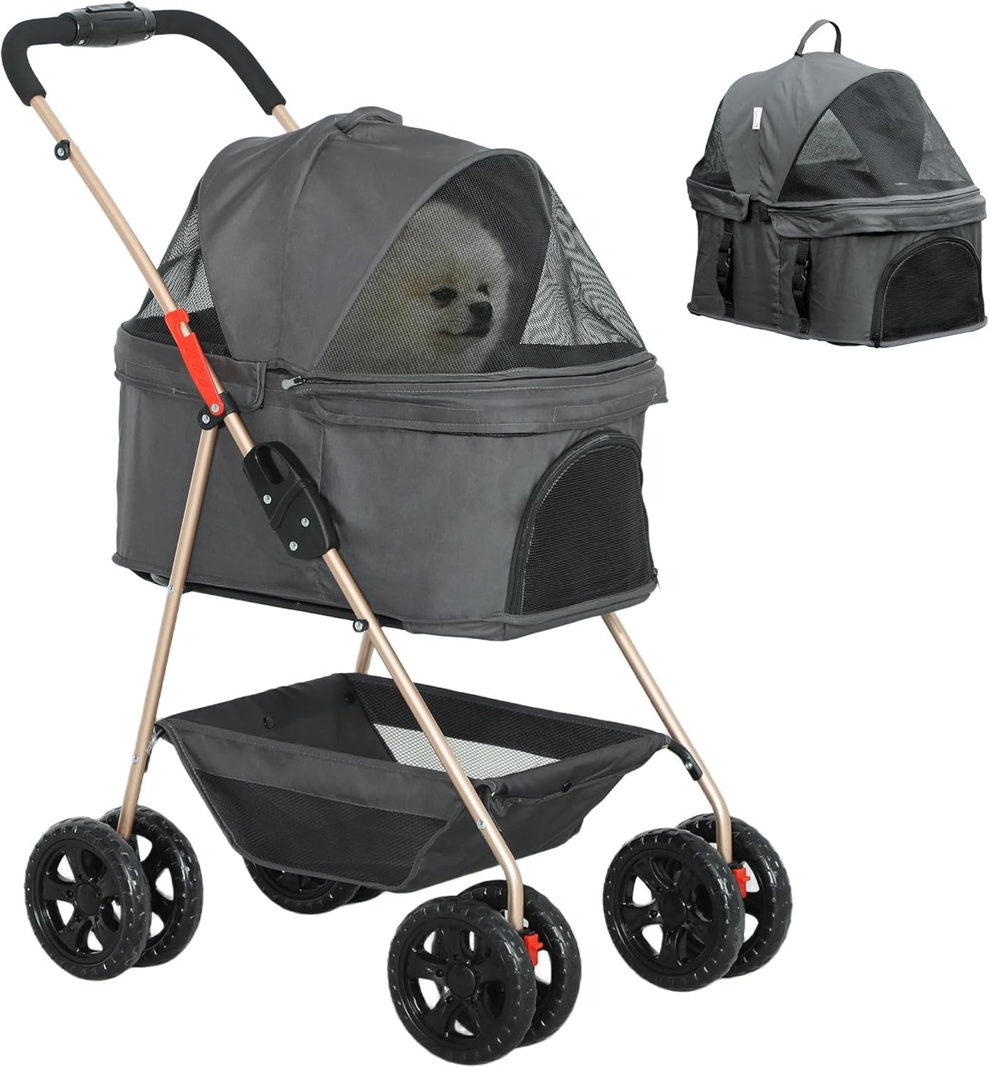 3 in 1 Pet Stroller Dog Pram Foldable with Detachable Carrier Basket Grey
