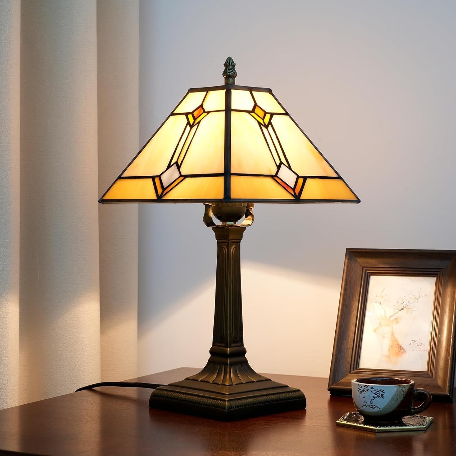 Stained Glass Tiffany Table Lamp Antique Square Bedside Desk Light