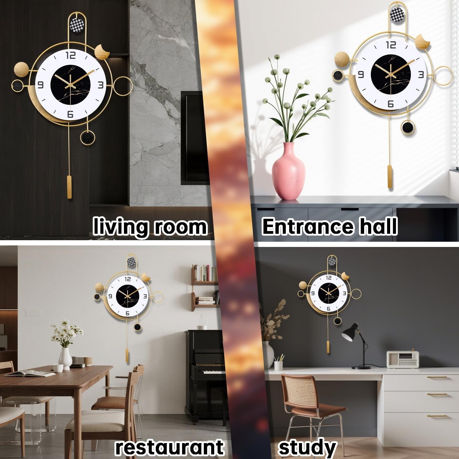 40×55cm Gold & White Pendulum Wall Clock – Silent Quartz Modern Design