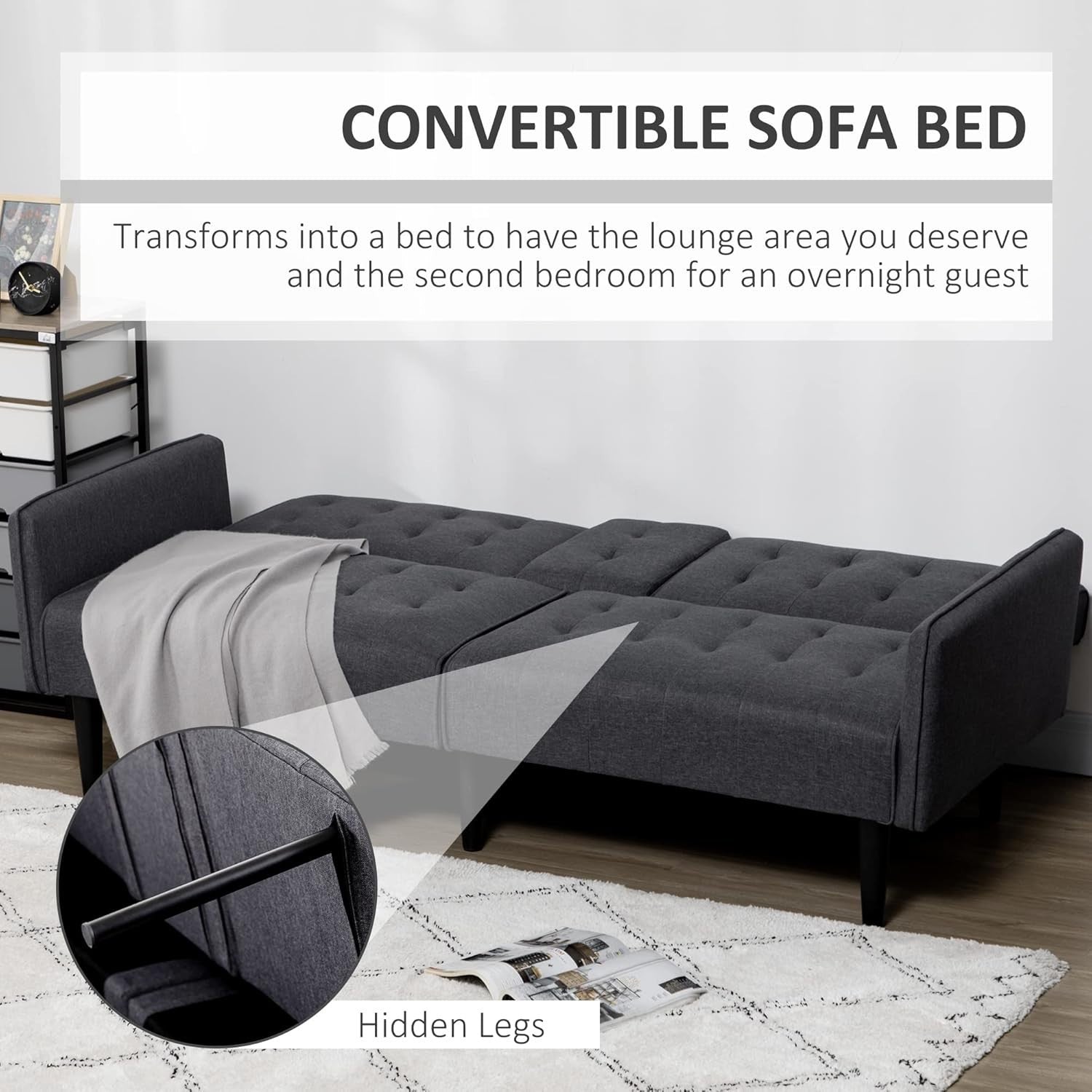 Click Clack Sofa Bed 3 Seater Grey Linen Couch w/ Cup Holders