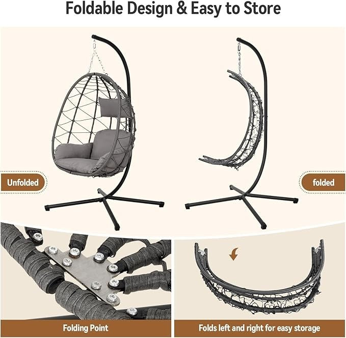 Hanging Egg Chair with Stand Rattan Swing Seat Cushion Indoor Outdoor Patio