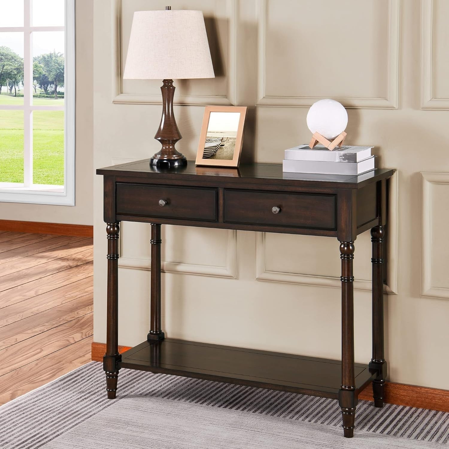Solid Wood Console Table 90x35x77cm with 2 Drawers & Large Storage Shelf
