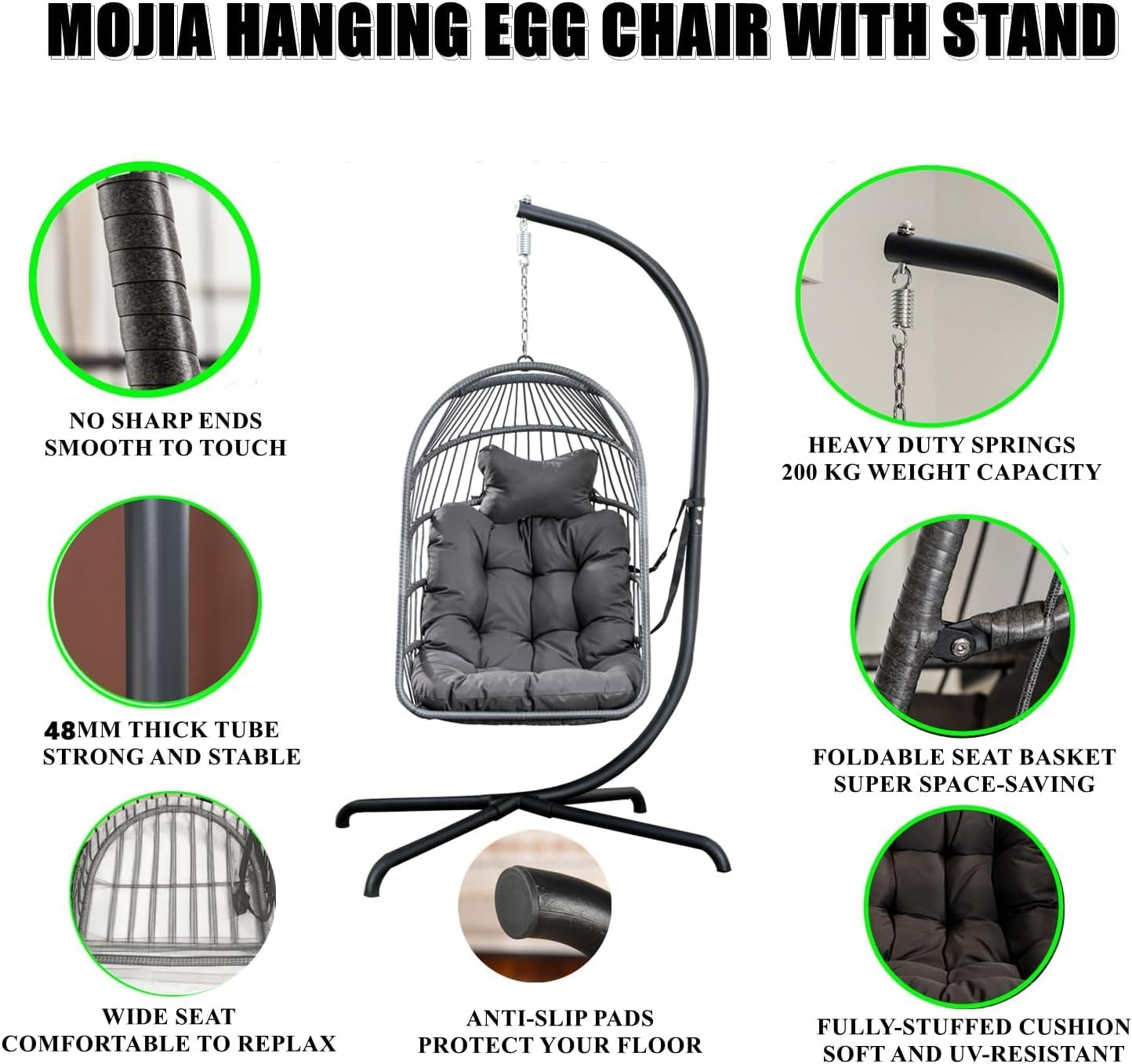 Hanging Swing Egg Chair with Stand & Soft Cushion for Indoor Outdoor Dark Grey