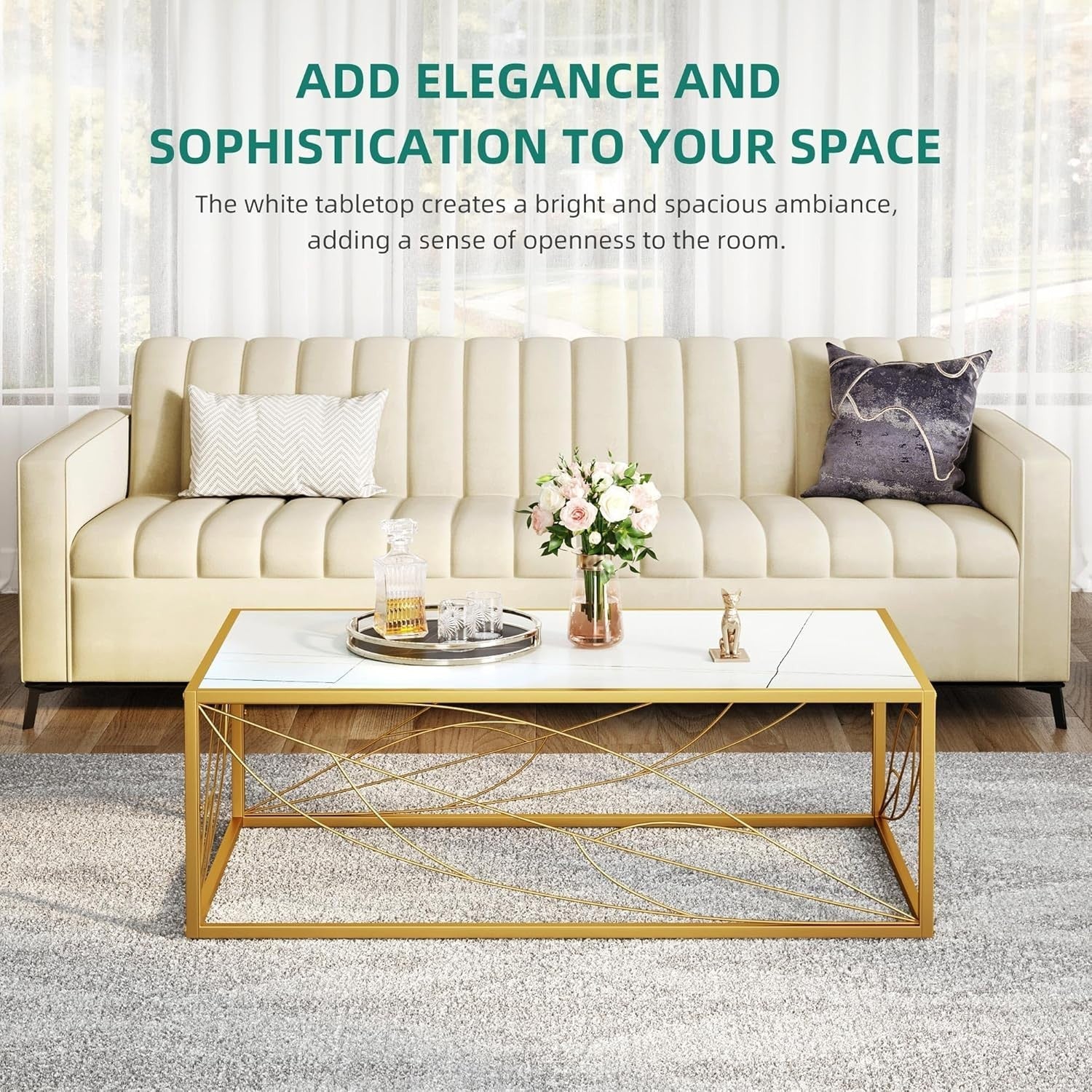 Modern White Marble Coffee Table 120x60x40cm with Metal Frame & Gold Leaf