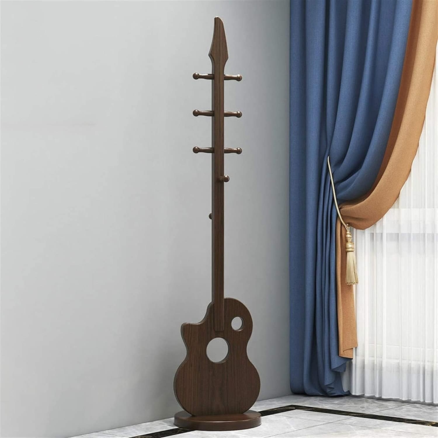 Brown Guitar Shape Wooden Coat Rack 8 Hooks Artistic Freestanding Hall Stand