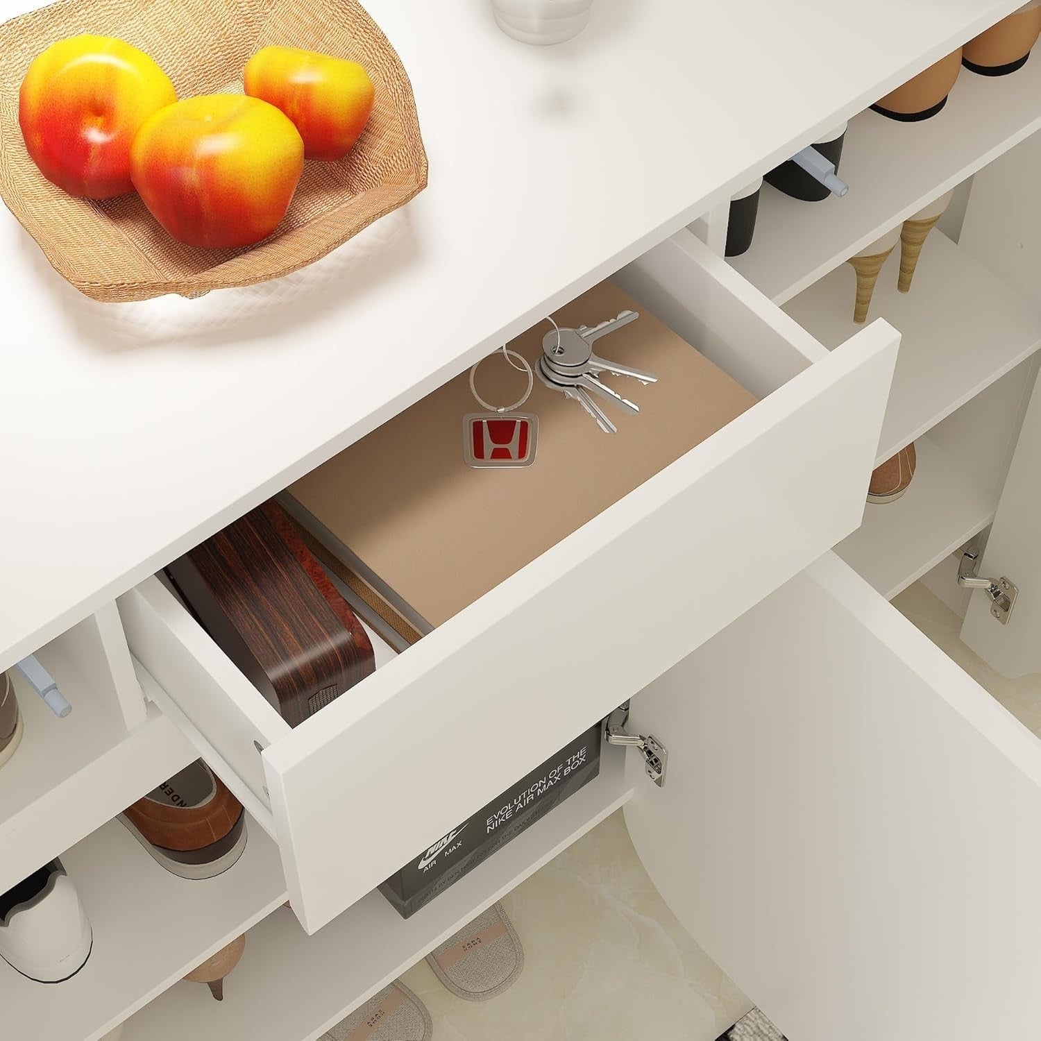 White Shoe Cabinet with 3 Curved Doors & Drawer – 4 Tier Adjustable Storage 120c