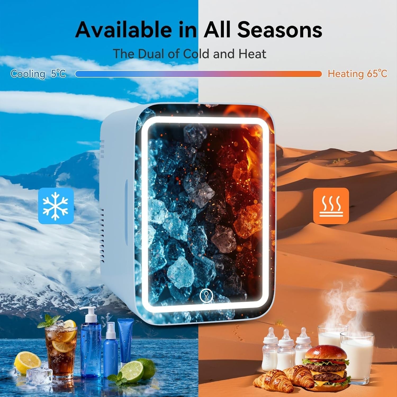 4L Portable Mini Skincare Fridge Cooler & Warmer LED Mirror AC/DC Blue