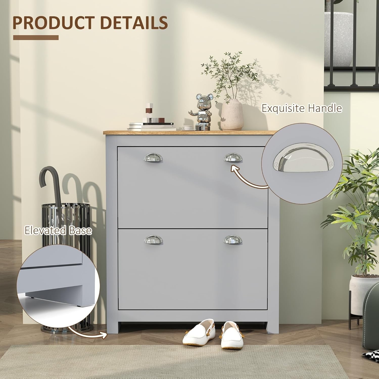 Modern Grey Shoe Storage Cabinet – 2 Flip Drawers, Adjustable Shelf, 12 Pair