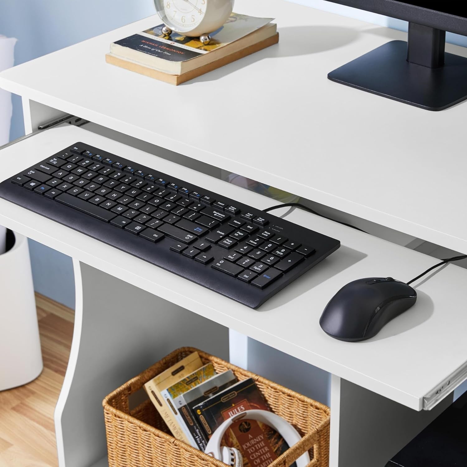 Small Computer Desk on Wheels with Keyboard Tray Storage Shelves Compact Office