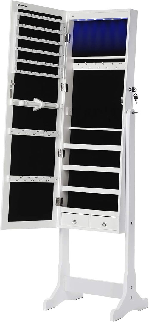 LED Full Length Mirror Jewelry Cabinet Lockable Standing Organizer White