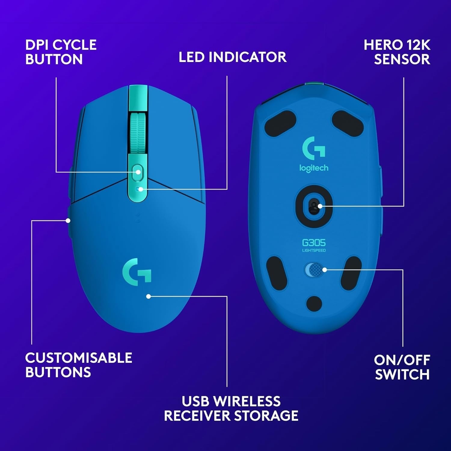 Blue Wireless Gaming Mouse 12000DPI Lightweight 6 Button 250Hr Battery PC