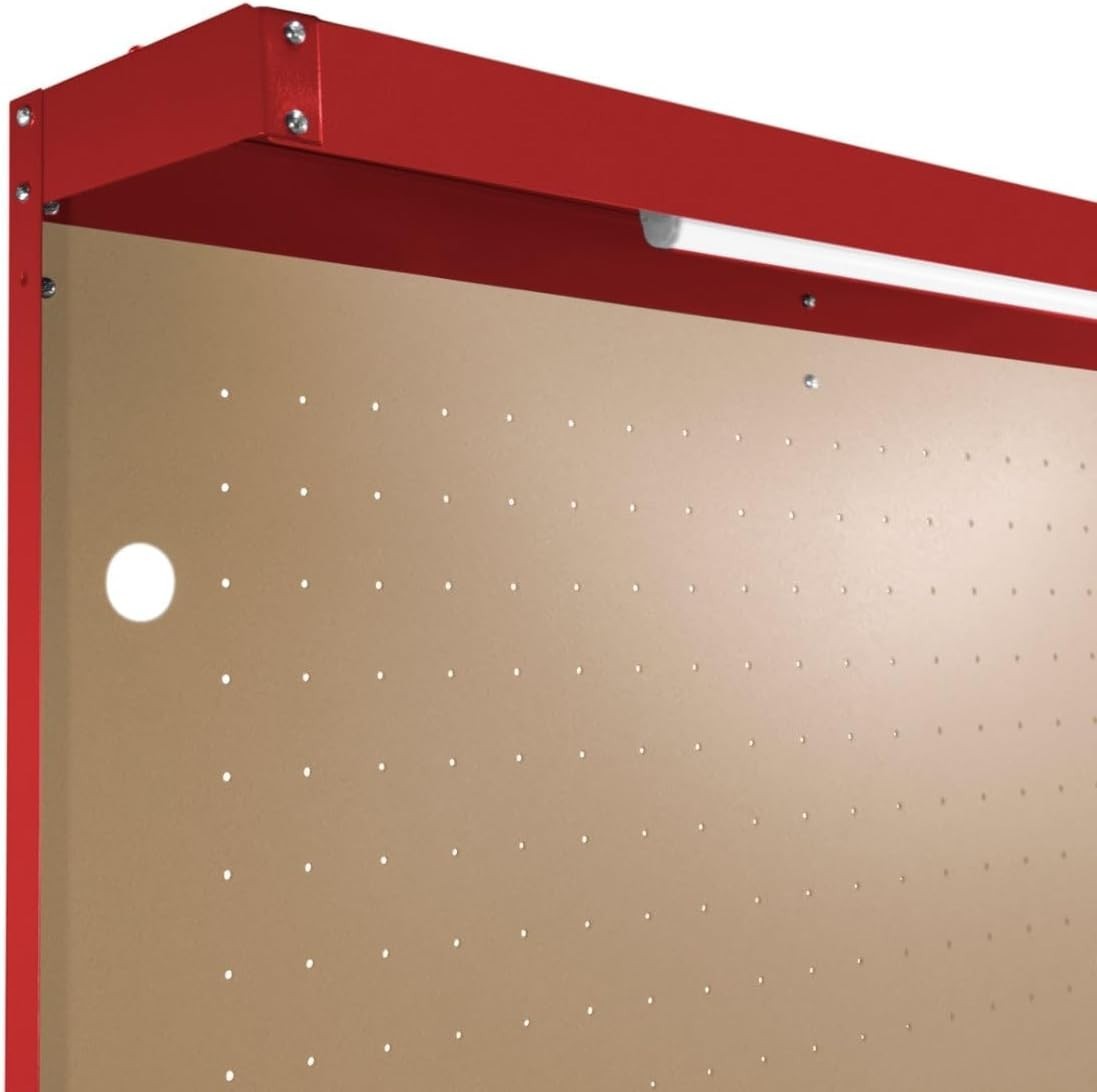 Red Garage Workbench Steel Pegboard Drawer LED Light 370kg Tool Station