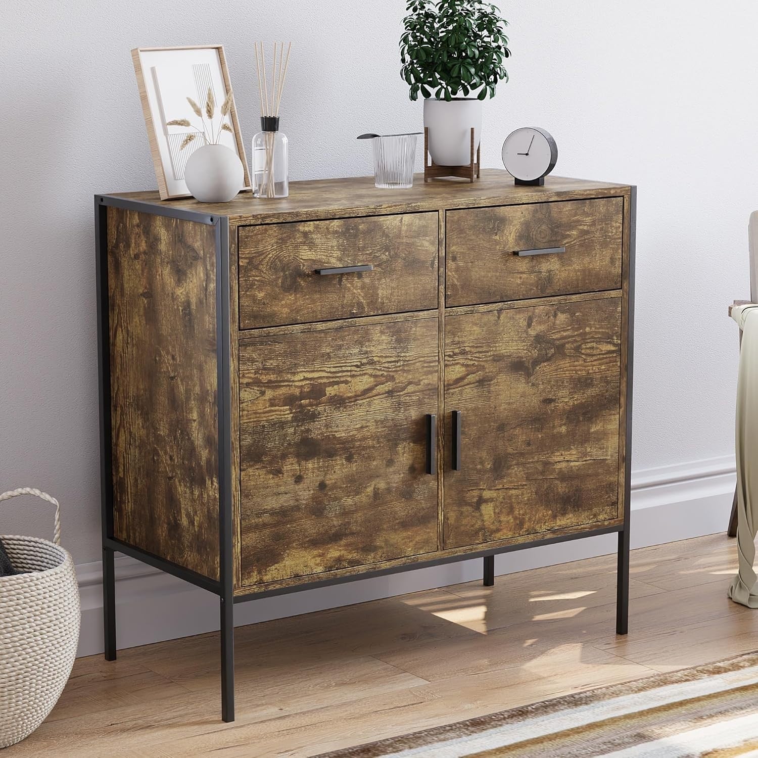 Industrial Dark Wood Sideboard Storage Cabinet 2 Door 2 Drawer Metal Legs