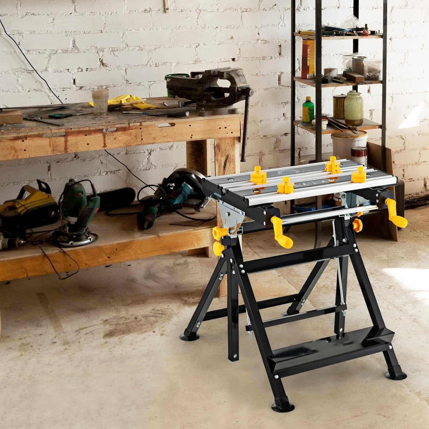 Folding Workbench 75x60cm Yellow Adjustable Height Tilt Table Sawhorse 7 Levels