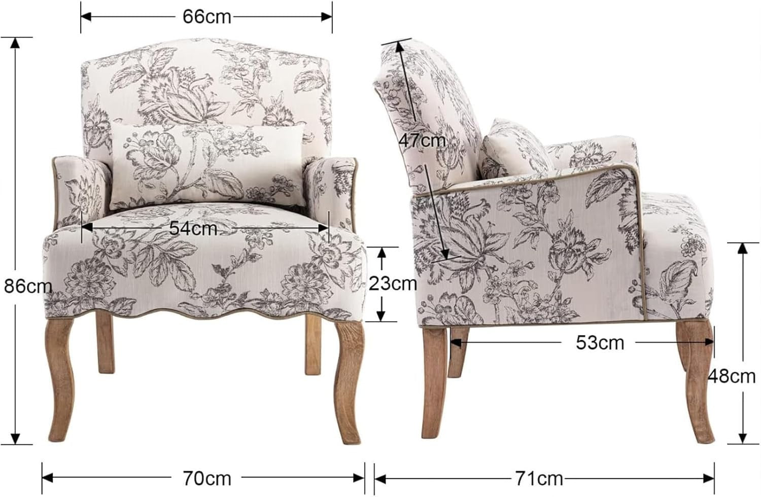 Retro Linen Armchair with Solid Wood Legs | Elegant Floral Accent Chair