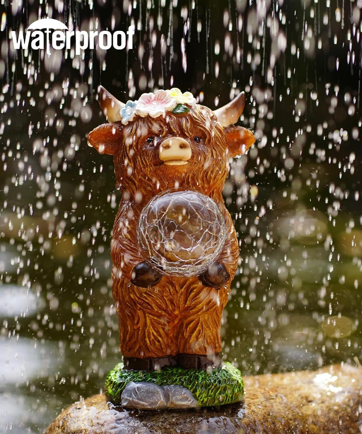 Solar Highland Cow Garden Ornament with Glowing Ball – Waterproof LED Lawn Decor