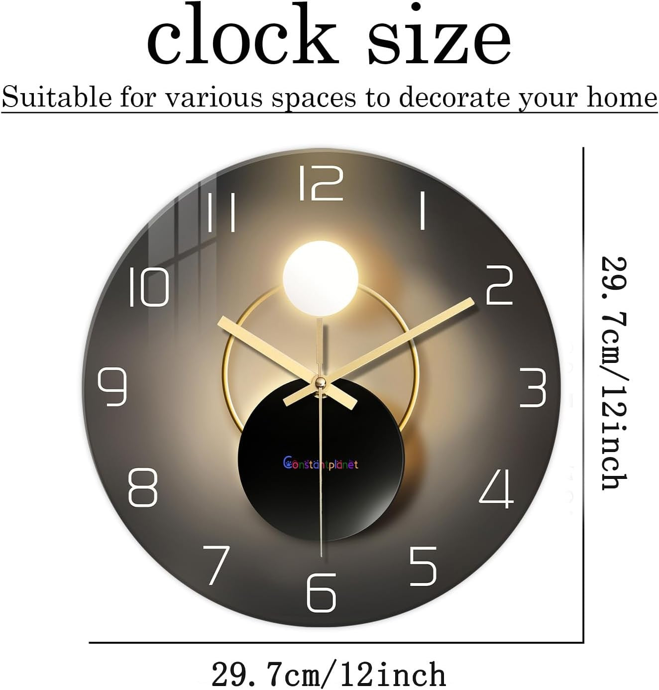 Modern Black Gold 12" Glass Wall Clock Silent Non-Ticking Luxury Home Decor