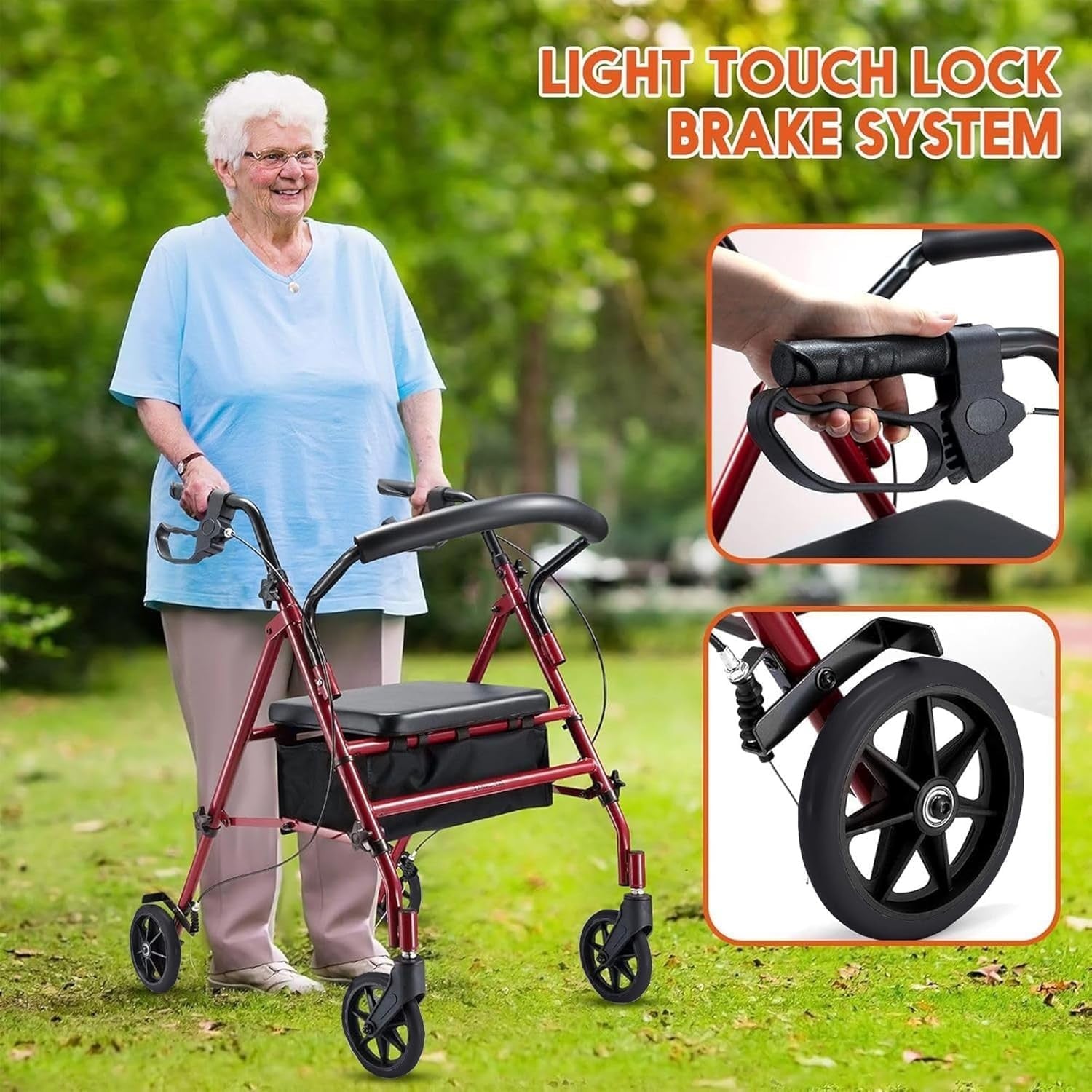 Lightweight Folding Rollator Walker Seat 4 Wheels Adjustable Brakes