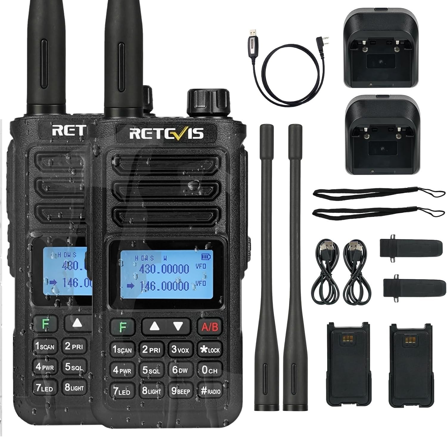 IP68 Waterproof Ham Radio Dual Band VFO 2500mAh Type-C 2 Pack