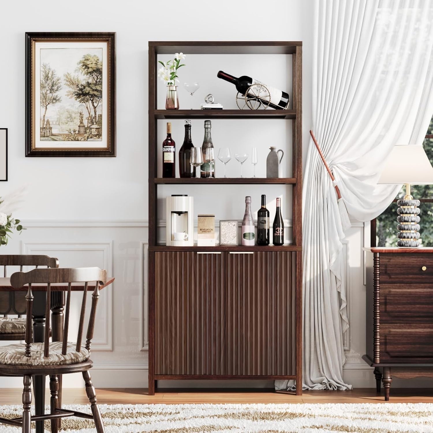 6 Tier Bookcase with Doors Fluted Panel Bookshelf Adjustable Storage Cabinet
