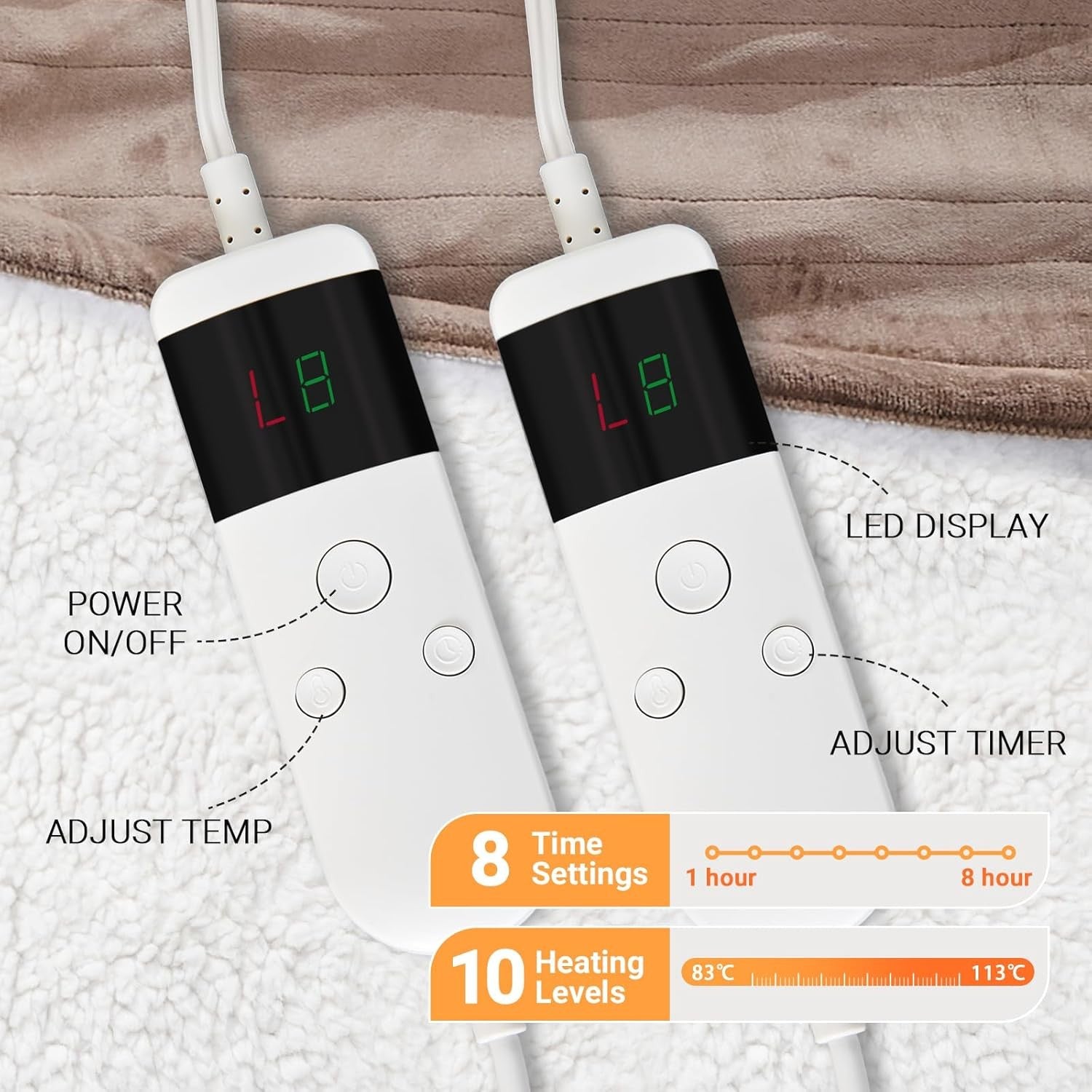 Electric Heated Blanket 150x200cm Sherpa Fleece 10 Heat Timer