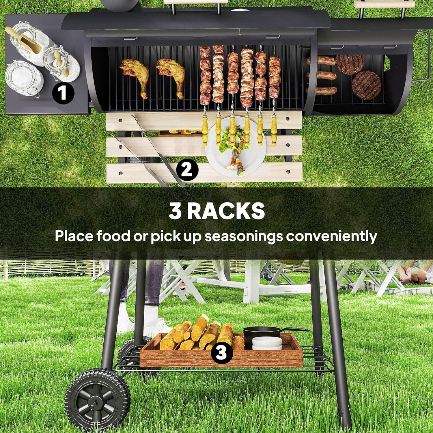 Charcoal BBQ Grill with Offset Smoker | Outdoor Barrel Barbecue with Shelves