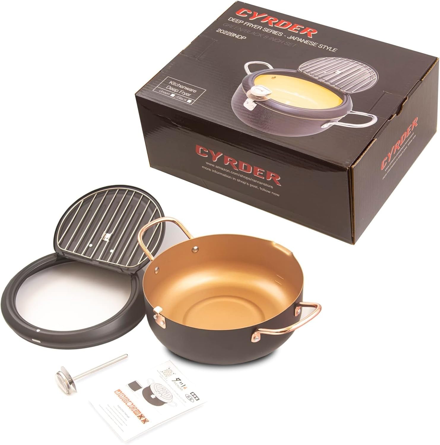 Japanese Tempura Deep Fryer Pot 9.5in Nonstick With Thermometer
