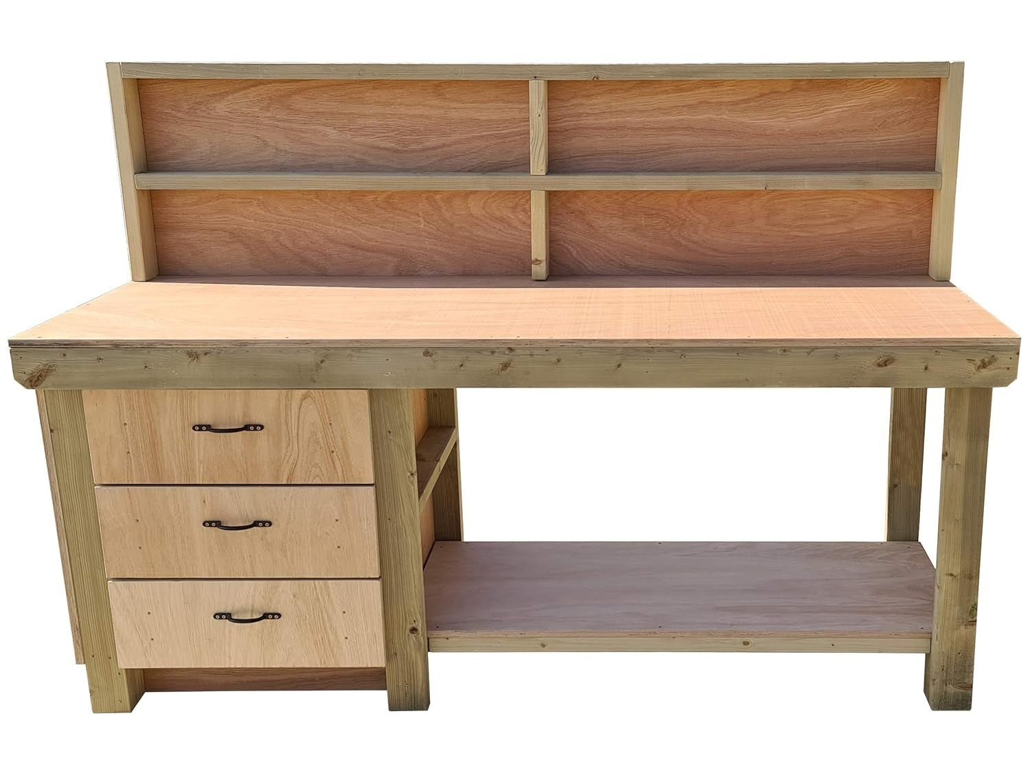 4ft Heavy Duty Wooden Workbench – Eucalyptus Top, 3 Drawers, Shelf & Back Panel