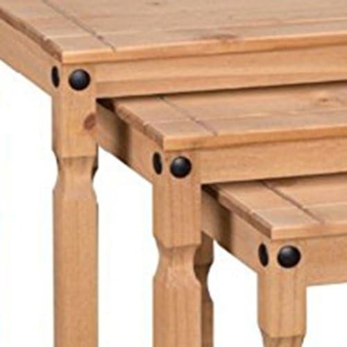 Nest of 3 Pine Wood Side Tables Brown Rustic Antique Wax Finish Easy Assembly