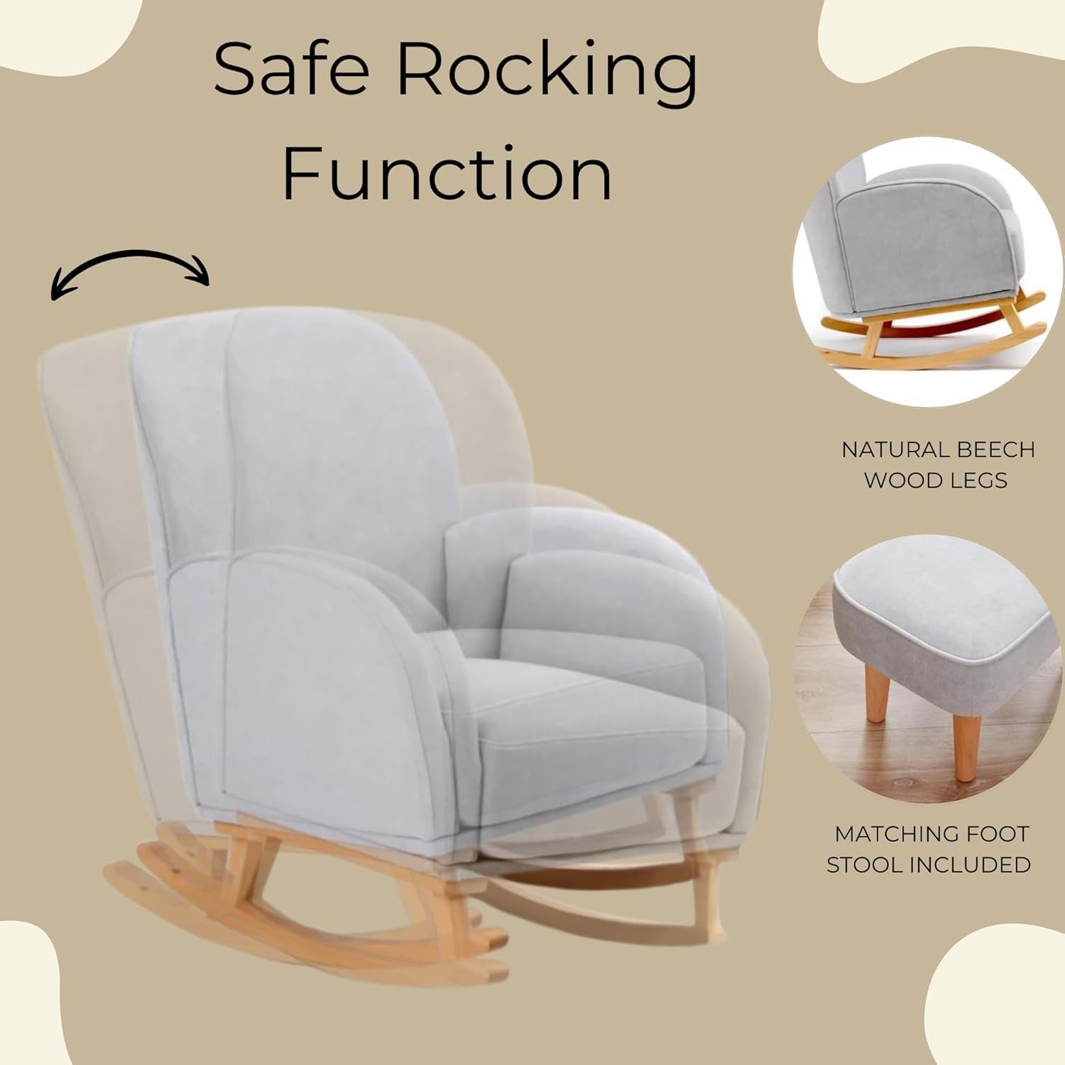 Nursing Rocking Chair & Footstool Grey | Soft Fabric, Wood Base, Comfy