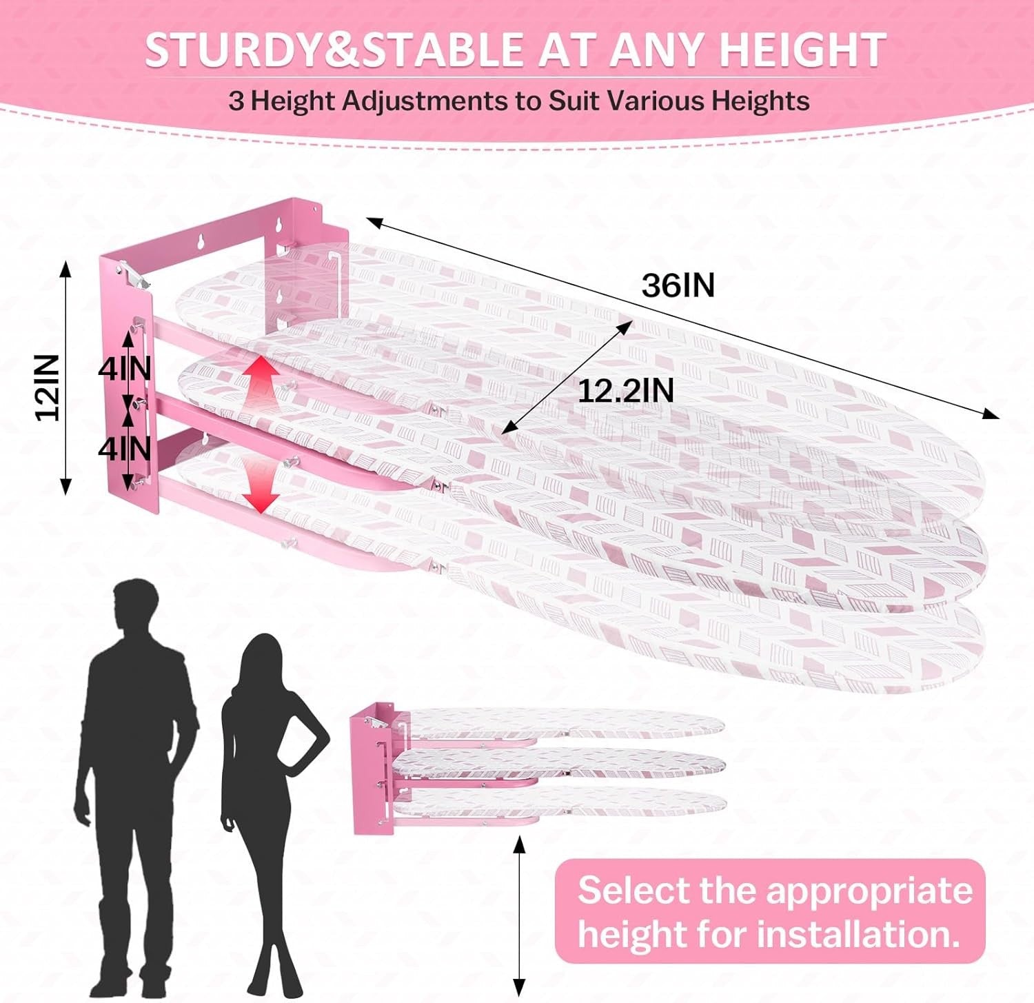 Wall Mounted Folding Ironing Board Pink Height Adjustable Space Saving 36x12in